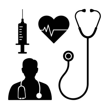 Tıbbi Simgeler, Doktor Siluet Steteskop Şırıngası ve Kalp Silueti 'ni Gösteriyor