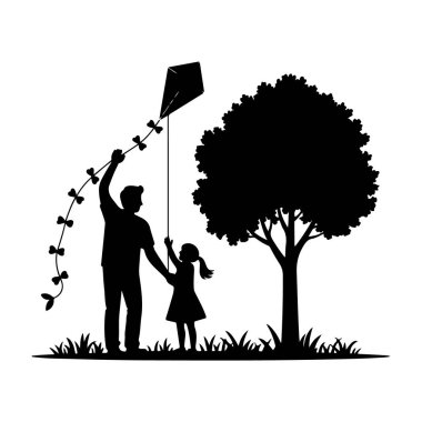 Baba ve Kız Şeffaf Arkaplanda Uçan Uçurtma Silueti