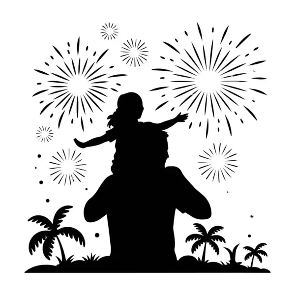 Baba ve Kızı Şeffaf Arkaplanda Havai fişek Silueti İzliyor