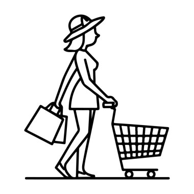 Alışveriş çantalı şık bir kadın şeffaf arka planda soyutlanmış bir şekilde yürüyen bir siluet.