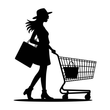 Alışveriş çantalı şık bir kadın şeffaf arka planda soyutlanmış bir şekilde yürüyen bir siluet.