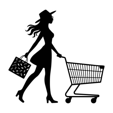 Alışveriş çantalı şık bir kadın şeffaf arka planda soyutlanmış bir şekilde yürüyen bir siluet.