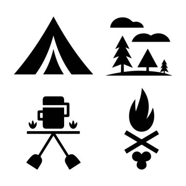 Kamp ögeleri şeffaf arkaplanda izole edilmiş siluet ayarlandı