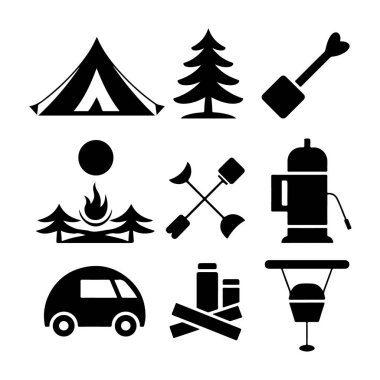 Kamp ögeleri şeffaf arkaplanda izole edilmiş siluet ayarlandı