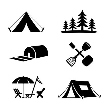 Kamp ögeleri şeffaf arkaplanda izole edilmiş siluet ayarlandı