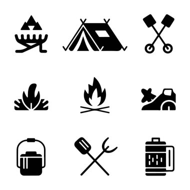 Kamp ögeleri şeffaf arkaplanda izole edilmiş siluet ayarlandı