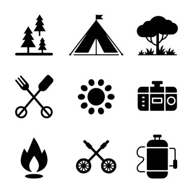 Kamp ögeleri şeffaf arkaplanda izole edilmiş siluet ayarlandı