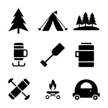 Kamp ögeleri şeffaf arkaplanda izole edilmiş siluet ayarlandı