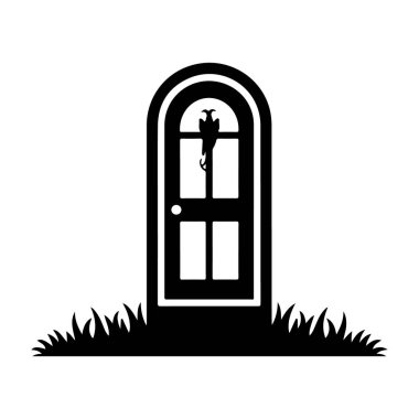 Gizemli kemerli kapı eşiği silueti ve çimenli tarlada tünemiş bir kuş.