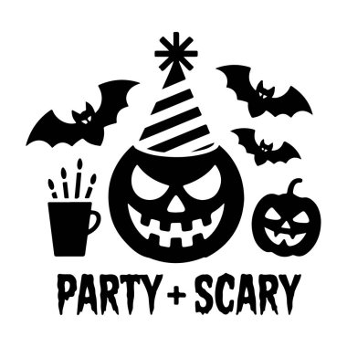 Cadılar Bayramı parti sahnesi Jack O Lantern yarasaları ve içki silueti