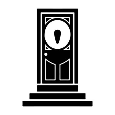 Beyaz arka planda anahtar deliği silueti olan gizemli kapalı kapı