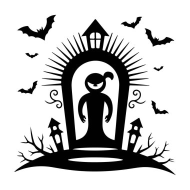 Hayalet figürlü ve uçan yarasalı ürkütücü cadılar bayramı mezar taşı silueti.