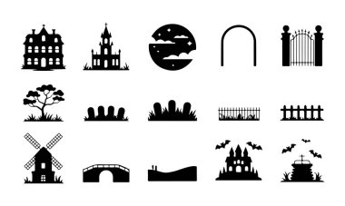 Tasarım projeleri için mimari ve doğal element siluetleri koleksiyonu