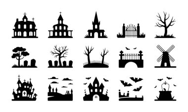 Cadılar Bayramı binası ve ağaç siluetleri koleksiyonu