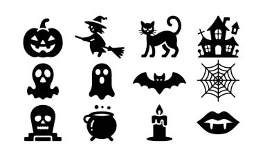 Siyah siluet içinde ürkütücü cadılar bayramı simgeleri koleksiyonu