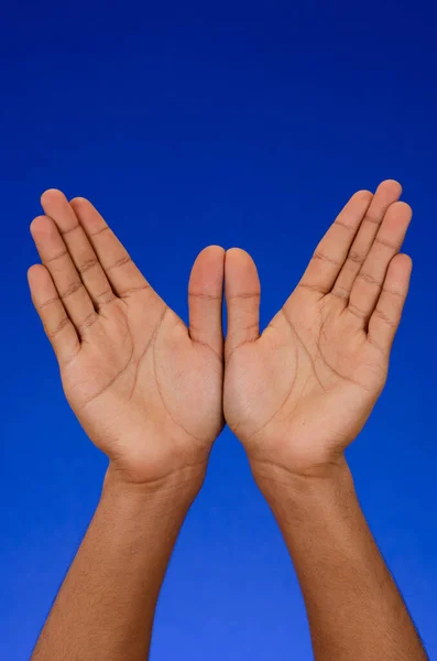 Empty hands showing palms, thanking, raised to the sky, on blue background