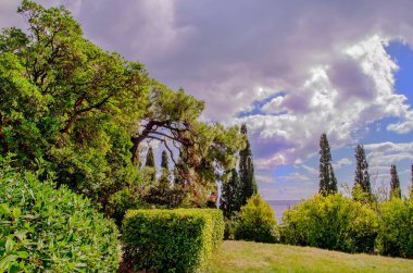 Çeşitli yeşil ağaçları, çalıları ve çalıları olan güney terasları parçalı bulutlu gökyüzünün altında huzurlu bir doğal manzara yaratır..