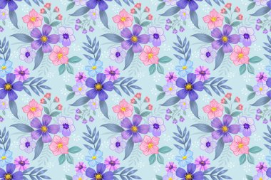 Açık mavi arka planda çiçek açan güzel desenler. Moda tasarımı için bu desen tasarımı kumaş, tekstil duvar kağıdı hediye paketi kağıdı arka planı.