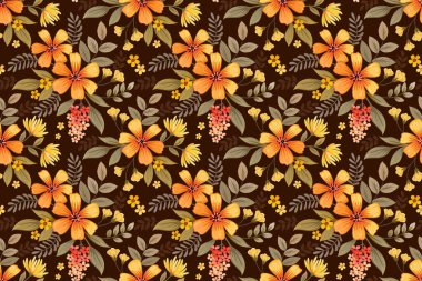 Koyu kahverengi arka planda sarı ve turuncu çiçekler. Moda tasarımı için kusursuz desen. Tekstil kumaş, duvar kağıdı hediye paketi arka plan kağıdı..