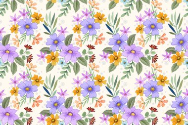 Mor ve sarı çiçekli açık sarı arka planda desensiz moda desenli kumaş, tekstil duvar kâğıdı hediye paketi..