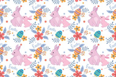 Mutlu Paskalya yumurtası konsepti. Paskalya yumurtası ve çiçekli tavşan kumaş tekstil duvar kağıdı ambalaj kağıdı için kusursuz desen.