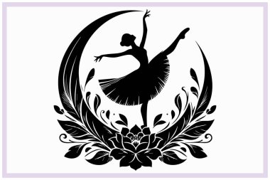 Zarif bir bale dansçısının siyah silueti dengeli bir pozisyonda zarafet, esneklik ve klasik dans tarzını sanatsal ifade ve akıcı hareketle sergiliyor.