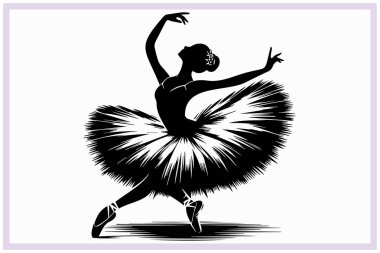 Zarif bir bale dansçısının siyah silueti dengeli bir pozisyonda zarafet, esneklik ve klasik dans tarzını sanatsal ifade ve akıcı hareketle sergiliyor.