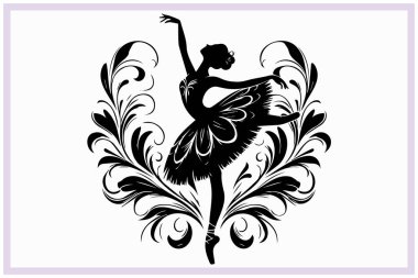 Zarif bir bale dansçısının siyah silueti dengeli bir pozisyonda zarafet, esneklik ve klasik dans tarzını sanatsal ifade ve akıcı hareketle sergiliyor.