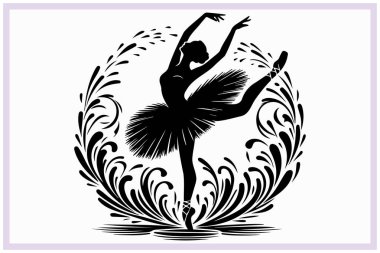 Zarif bir bale dansçısının siyah silueti dengeli bir pozisyonda zarafet, esneklik ve klasik dans tarzını sanatsal ifade ve akıcı hareketle sergiliyor.