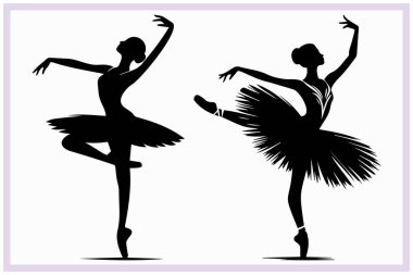 Zarif bir bale dansçısının siyah silueti dengeli bir pozisyonda zarafet, esneklik ve klasik dans tarzını sanatsal ifade ve akıcı hareketle sergiliyor.