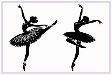 Zarif bir bale dansçısının siyah silueti dengeli bir pozisyonda zarafet, esneklik ve klasik dans tarzını sanatsal ifade ve akıcı hareketle sergiliyor.