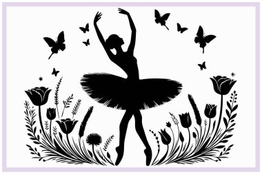 Zarif bir bale dansçısının siyah silueti dengeli bir pozisyonda zarafet, esneklik ve klasik dans tarzını sanatsal ifade ve akıcı hareketle sergiliyor.