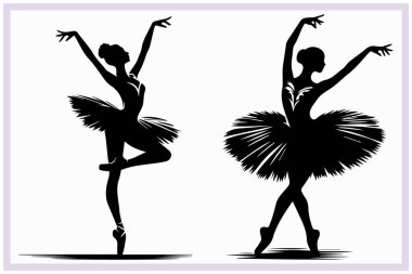 Zarif bir bale dansçısının siyah silueti dengeli bir pozisyonda zarafet, esneklik ve klasik dans tarzını sanatsal ifade ve akıcı hareketle sergiliyor.