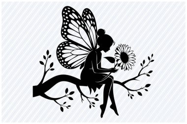 Elinde çiçek tutarken ağaç dalında oturan kelebek kanatlı bir perinin zarif silueti. Yaratıcı projeler için kaprisli ve büyülü titreşimlerle büyüleyici fantezi karakter tasarımı.