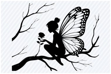 Elinde çiçek tutarken ağaç dalında oturan kelebek kanatlı bir perinin zarif silueti. Yaratıcı projeler için kaprisli ve büyülü titreşimlerle büyüleyici fantezi karakter tasarımı.