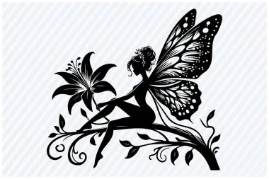 Elinde çiçek tutarken ağaç dalında oturan kelebek kanatlı bir perinin zarif silueti. Yaratıcı projeler için kaprisli ve büyülü titreşimlerle büyüleyici fantezi karakter tasarımı.