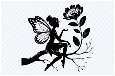 Elinde çiçek tutarken ağaç dalında oturan kelebek kanatlı bir perinin zarif silueti. Yaratıcı projeler için kaprisli ve büyülü titreşimlerle büyüleyici fantezi karakter tasarımı.