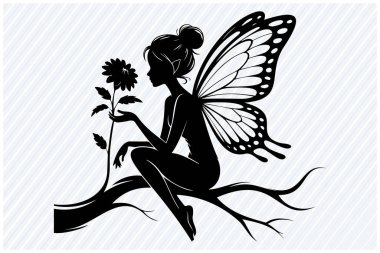 Elinde çiçek tutarken ağaç dalında oturan kelebek kanatlı bir perinin zarif silueti. Yaratıcı projeler için kaprisli ve büyülü titreşimlerle büyüleyici fantezi karakter tasarımı.