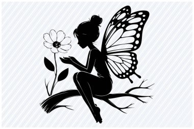 Elinde çiçek tutarken ağaç dalında oturan kelebek kanatlı bir perinin zarif silueti. Yaratıcı projeler için kaprisli ve büyülü titreşimlerle büyüleyici fantezi karakter tasarımı.