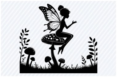 Kelebek kanatlı bir perinin siyah silueti uzun otlar ve yabani bitkilerle çevrili bir mantarın üzerinde zarif bir şekilde oturuyor, fantezi, büyülü doğa ve peri masalı temaları için mükemmel.