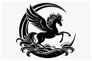 Gizemli bir gece gökyüzünde Ay 'a yakın uçan bir Pegasus' un siyah silueti. Yaratıcı ve dekoratif sanat temaları için fantezi, efsane ve ilahi gücü temsil eden sihirli kanatlı bir at..