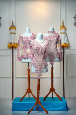 Çiçek dantelli, nakışlı ve nakışlı mankenlerin üzerinde sergilenen üç zarif pembe gelinlik. Düğün modası, butik tarzı veya törensel tasarım için mükemmel..