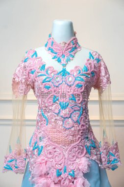 Zarif pembe ve turkuaz gelinlik. Karmaşık çiçekli dantel işlemeli, kolları düz ve boncuklu aksanlı. Tarafsız bir dekoratif duvara karşı bir mankende sergileniyor..