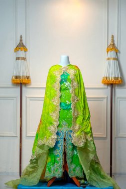 Parlak yeşil ve mavi tonlarda zarif geleneksel gelinlik. Karmaşık altın işlemeli, manken üzerinde sergileniyor. Lüks gelin modası ve kültürel kutlama konsepti için mükemmel..