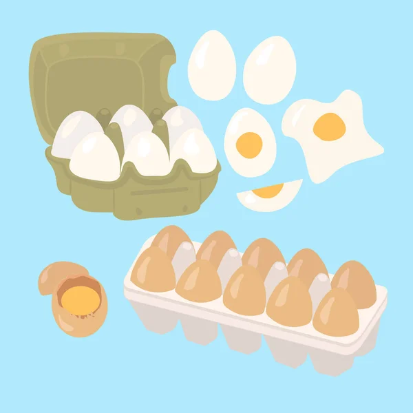 Chicken Eggs Carton Boxes Boiled Fried Eggs Breakfast Organic Vector — Stock Vector