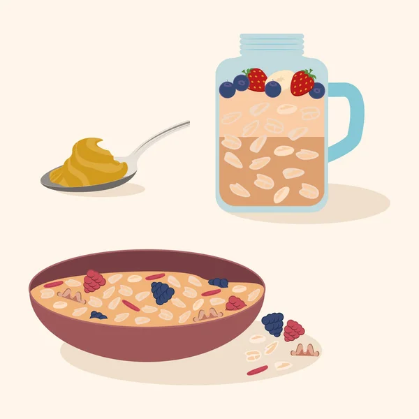 Oatmeal Breakfast Oat Flakes Set Bowl Milk Porridge Fruits Vector — Stock Vector