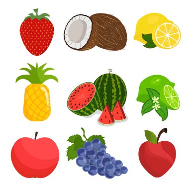 Karpuz grapı Hindistan cevizi çilekli hindistancevizi üzümü elma ikonu meyve vektör çizimi izole tasarımı