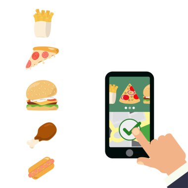Çevrimiçi dağıtım konsepti, online sipariş takibi. Yemek teslimatı Fast Food set Pizza, kızarmış sosisli sandviç, hamburger bacağı çizimi