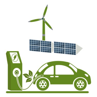 Yeşil enerji. Şarj istasyonuna yakın elektrikli araba, güneş enerjisi panelleri dolandırıcılığı Çevresel vektör çizimi kavramı izole edilmiş