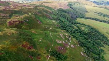 İngiltere Gölü Dağ Tepesi 'nin havadan insansız hava aracı görüntüsü. Yazın ağaçlar ve doğa ile çevrili patika yolu var.